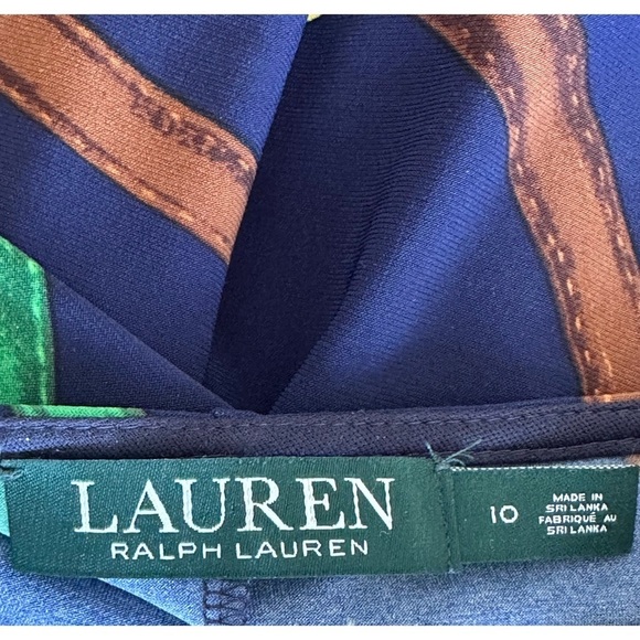 Lauren Ralph Lauren Side Ruched Horse Bit & Ribbon Print Dress Navy Blue Size 10 - Picture 3 of 5